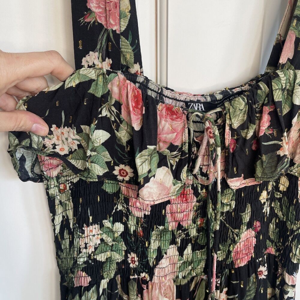 Zara Women's Flowy Ruffle Smocked Midi Dress Size S Strapless Dark Floral Boho - Picture 5 of 14